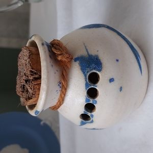 Vintage blue and white pottery jug with OLD cork stopper marked K